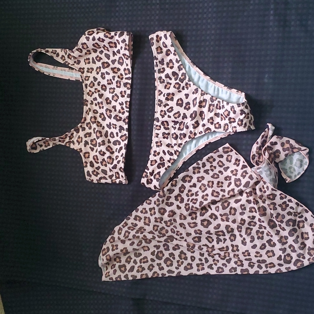 Shein, peach and brown, leopard print, bikini and matching cover, size small